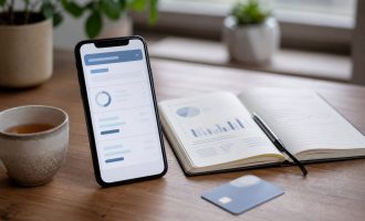 Смартфон и блокнот для планирования домашнего бюджета