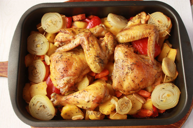Курица с картошкой в духовке на протвине рецепт с фото пошагово с хрустящей корочкой